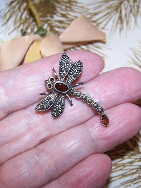 Sterling Silver Marcasite Garnet Pin Brooch - Dragonfly